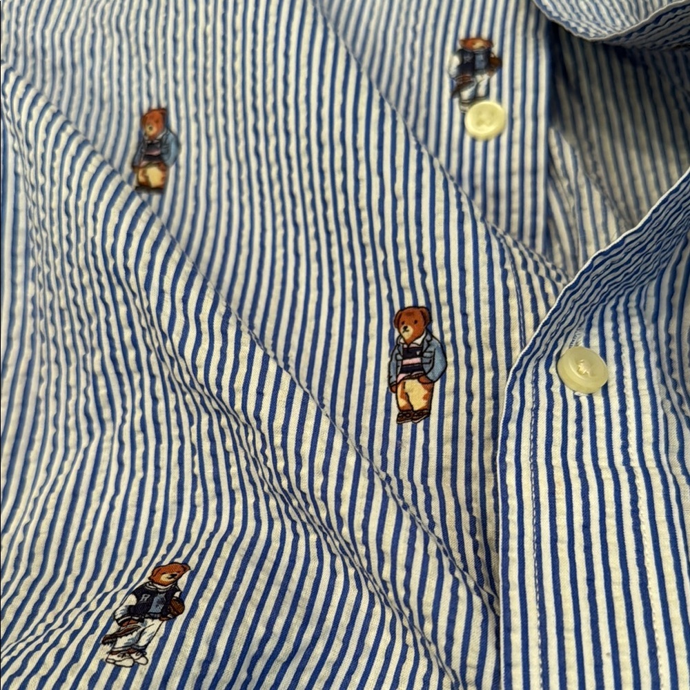 Ralph Lauren Boy’s Blue and White Striped Seersucker Bear Printed Button Down - Picture 3 of 4